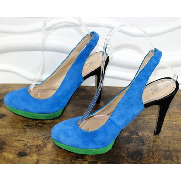 MARC FISHER Denise 6 Blue Green Suede Heels Color Block Pumps Platform Slingback - Picture 5 of 8